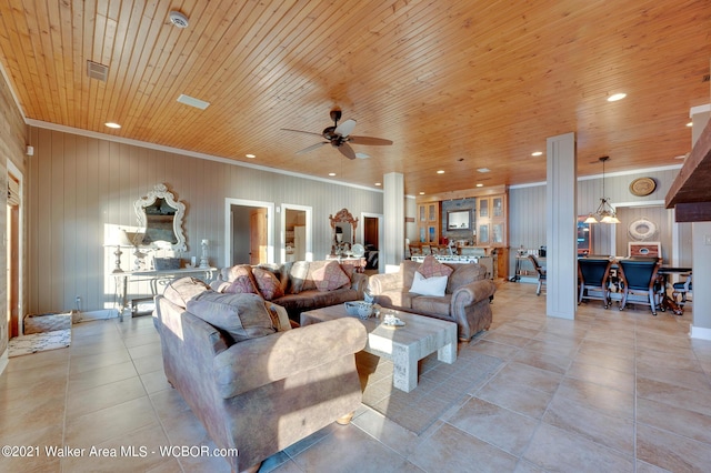 60 Sunset Dr, Arley, AL 35541 - living room featuring ornamental molding, wood ceiling, recessed lighting, and a ceiling fan