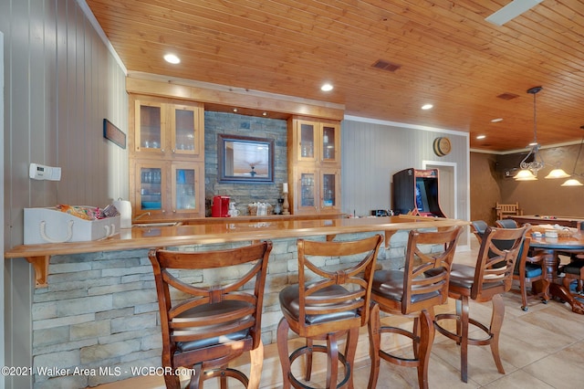 60 Sunset Dr, Arley, AL 35541 - bar with light tile patterned flooring, wood ceiling, indoor wet bar, visible vents, and recessed lighting