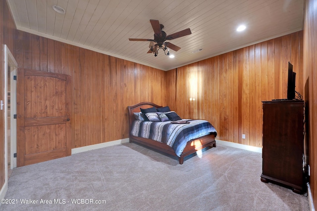 60 Sunset Dr, Arley, AL 35541 - carpeted bedroom with a ceiling fan, wooden ceiling, wood walls, and baseboards