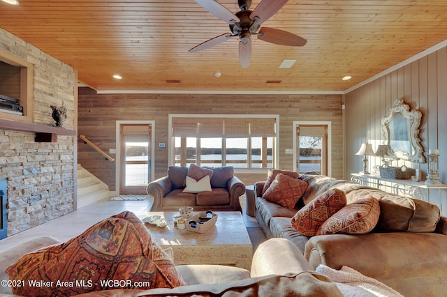 60 Sunset Dr, Arley, AL 35541 - living room featuring stairs, recessed lighting, wooden ceiling, wooden walls, and ceiling fan