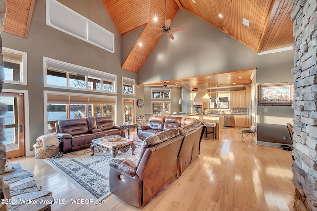 60 Sunset Dr, Arley, AL 35541 - living room featuring a ceiling fan, light wood-type flooring, wood ceiling, and a towering ceiling
