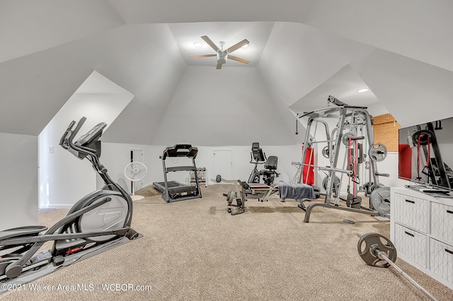 60 Sunset Dr, Arley, AL 35541 - exercise area featuring carpet floors, lofted ceiling, and ceiling fan