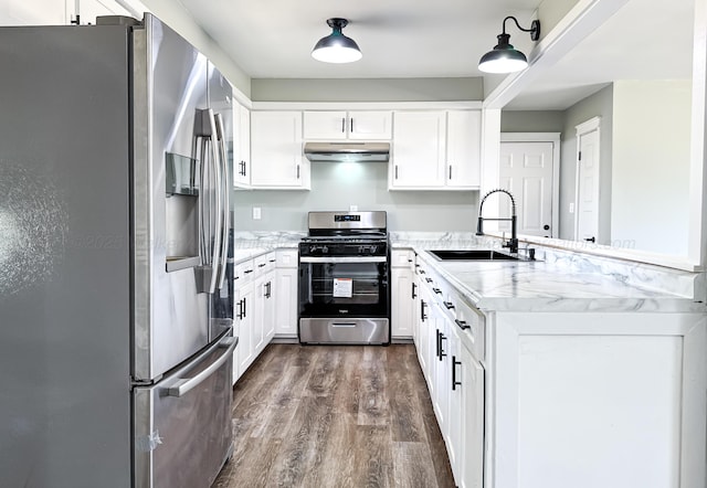 kitchen with a peninsula, appliances with stainless steel finishes, dark wood-type flooring, under cabinet range hood, and a sink