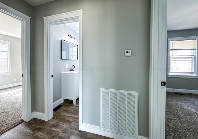 hallway with a wealth of natural light, visible vents, dark carpet, and baseboards