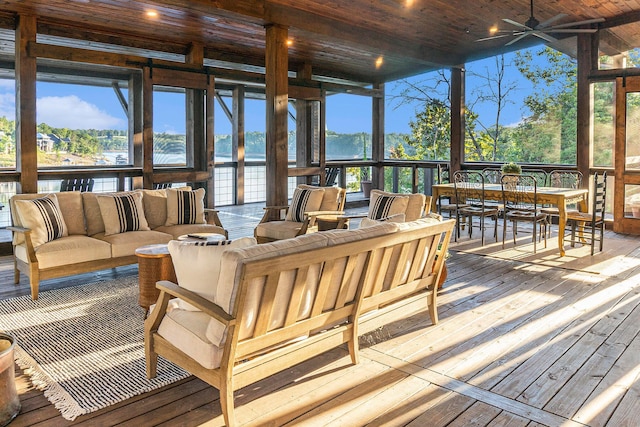 sunroom / solarium featuring ceiling fan and wood ceiling