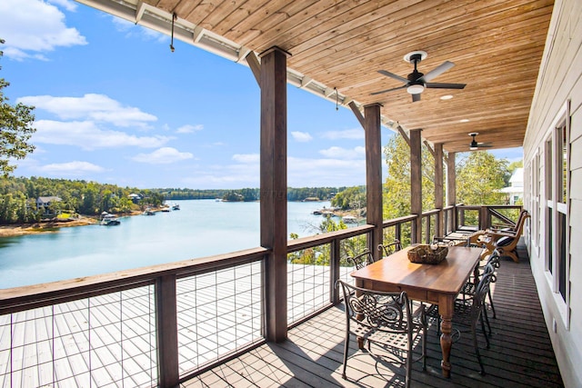 deck with a water view and ceiling fan