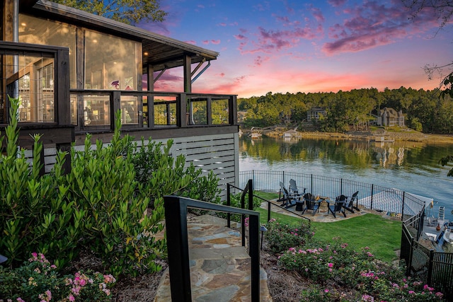 exterior space featuring a water view