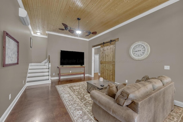 living room featuring ceiling fan, a barn door, a wall mounted air conditioner, ornamental molding, and wood ceiling