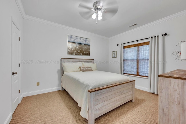 bedroom with baseboards, ornamental molding, visible vents, and light colored carpet