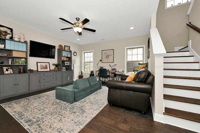 1502 NE Bailey Ct, Cullman, AL 35055 - living room featuring baseboards, ceiling fan, recessed lighting, stairway, and dark wood-type flooring