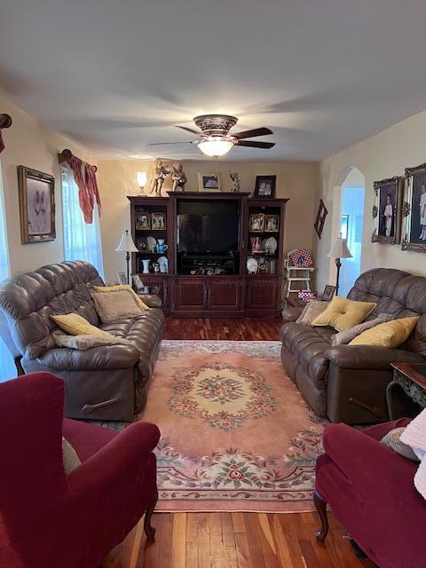 living room with a ceiling fan, wood finished floors, and arched walkways