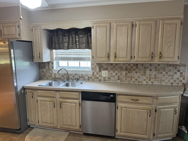 4407 Pineywoods Sipsey Rd, Jasper, AL 35504 - kitchen featuring appliances with stainless steel finishes, a sink, light countertops, backsplash, and ornamental molding