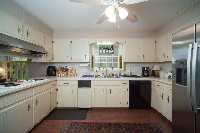 1004 Quarry Rd, Jasper, AL 35501 - kitchen featuring black dishwasher, stainless steel fridge with ice dispenser, under cabinet range hood, ornamental molding, and decorative backsplash