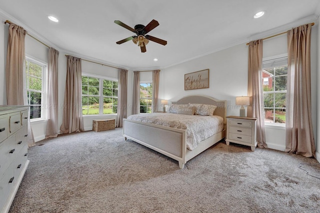 539 Hayfield Dr, Dora, AL 35062 - bedroom featuring ornamental molding, multiple windows, carpet, recessed lighting, and ceiling fan