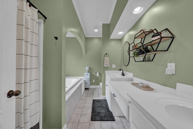 539 Hayfield Dr, Dora, AL 35062 - full bathroom featuring double vanity, ornamental molding, a garden tub, curtained shower, and recessed lighting