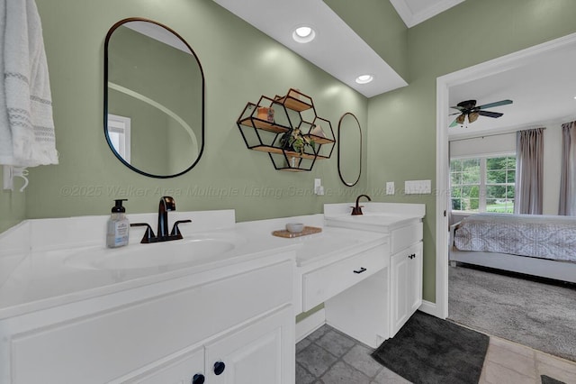 539 Hayfield Dr, Dora, AL 35062 - ensuite bathroom with double vanity, a ceiling fan, ornamental molding, and recessed lighting