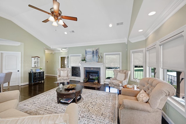 154 County Rd 389, Cullman, AL 35057 - living room with lofted ceiling, healthy amount of natural light, dark wood-style floors, a ceiling fan, and baseboards