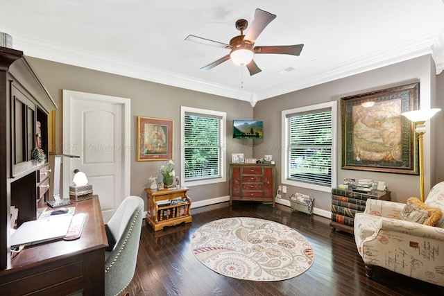 154 County Rd 389, Cullman, AL 35057 - home office with ceiling fan, crown molding, baseboards, and hardwood / wood-style floors