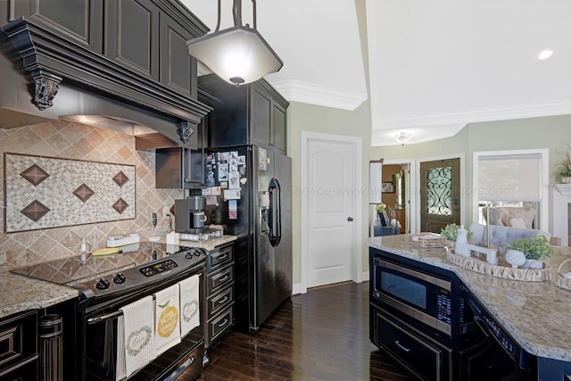 154 County Rd 389, Cullman, AL 35057 - kitchen with black appliances, light stone countertops, dark wood finished floors, crown molding, and recessed lighting