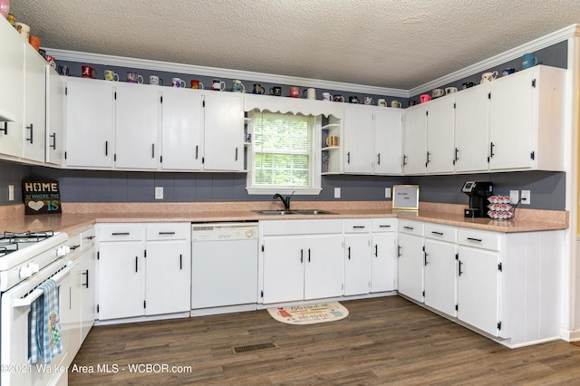 12 Dover Rd, Haleyville, AL 35565 - kitchen featuring a sink, white appliances, a textured ceiling, crown molding, and white cabinetry