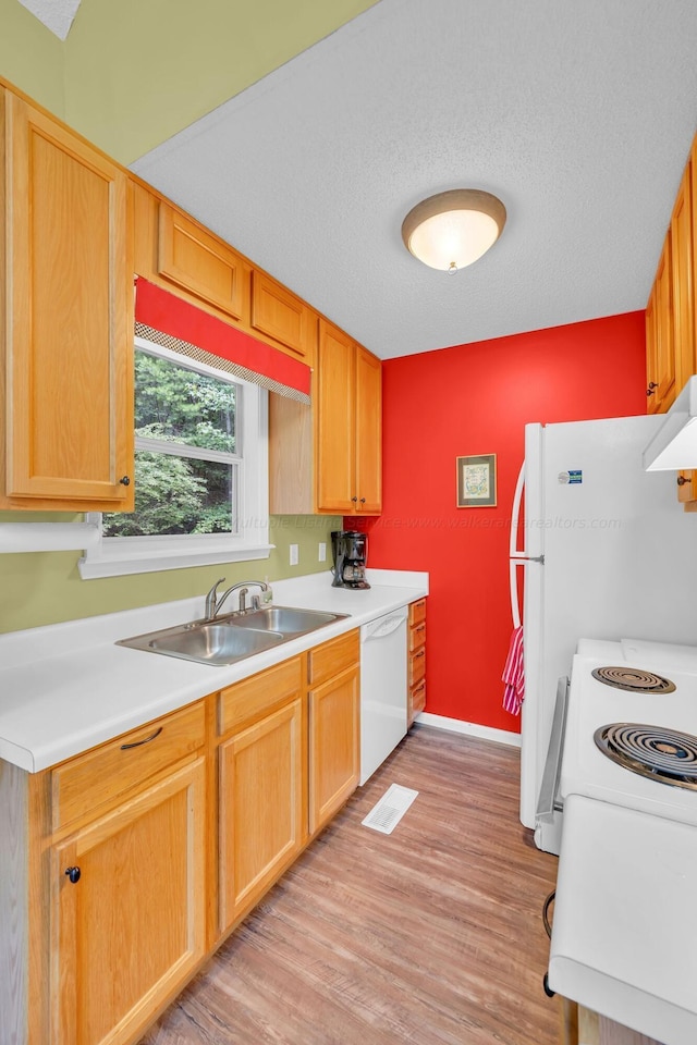 kitchen with light countertops, white appliances, under cabinet range hood, a sink, and light wood-style floors