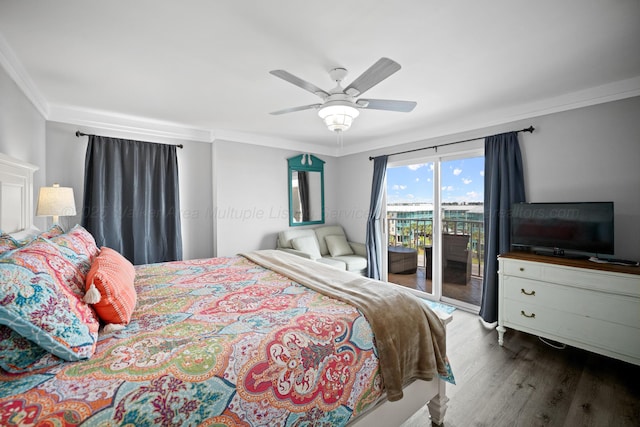 bedroom featuring access to exterior, ornamental molding, wood finished floors, and ceiling fan