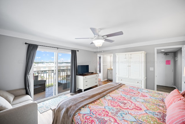 bedroom with access to exterior, wood finished floors, ornamental molding, and a ceiling fan