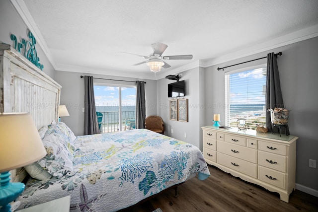 bedroom with access to outside, crown molding, dark wood-style flooring, and ceiling fan