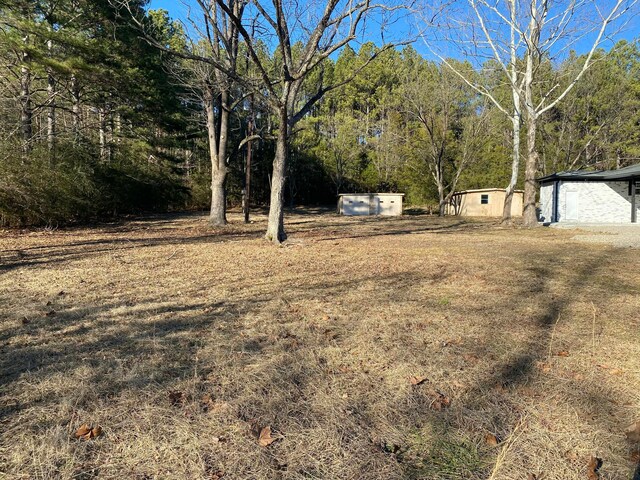 view of yard featuring an outdoor structure and a storage shed