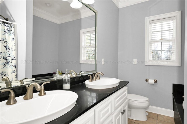 full bathroom with ornamental molding, a sink, toilet, and tile patterned flooring