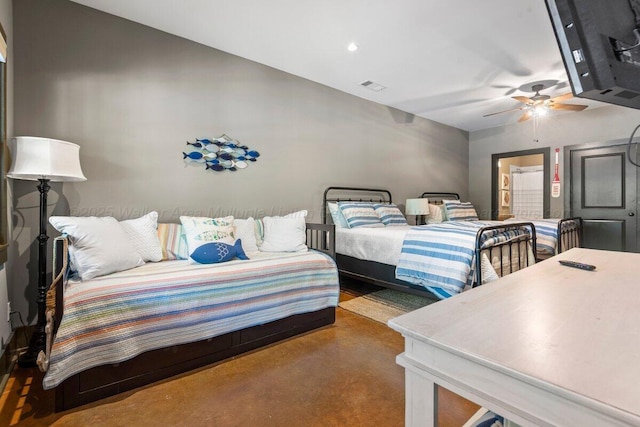 134 Turtle Point Dr, Crane Hill, AL 35053 - bedroom featuring concrete flooring, a ceiling fan, and ensuite bathroom