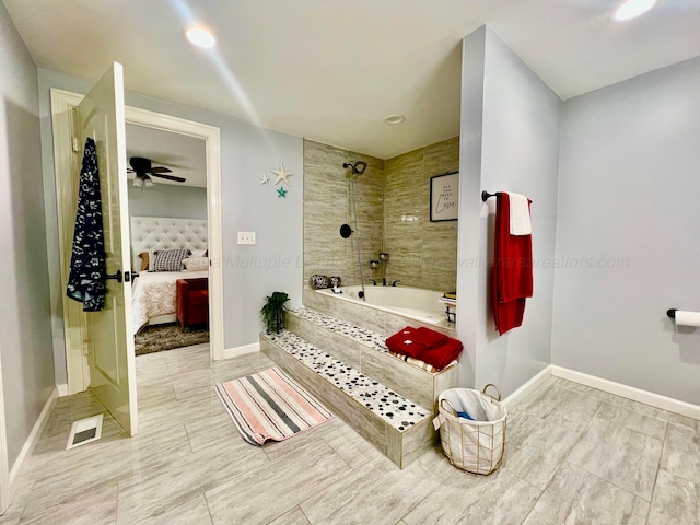 ensuite bathroom with ensuite bath, visible vents, recessed lighting, tiled shower / bath, and baseboards
