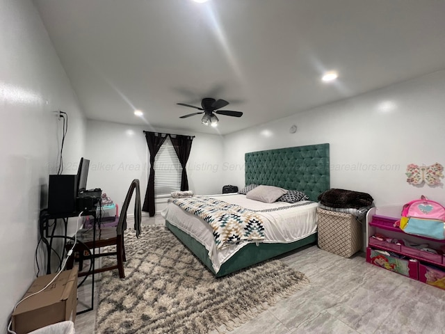 bedroom with a ceiling fan and recessed lighting