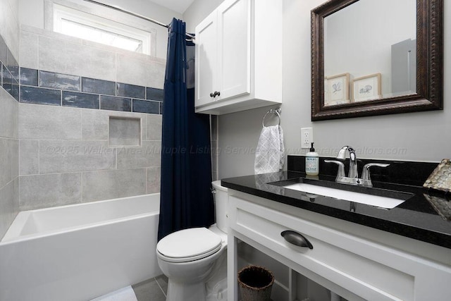 1433 Sipsey Pines Rd, Arley, AL 35540 - full bath with toilet, vanity, shower / bathtub combination with curtain, and tile patterned flooring