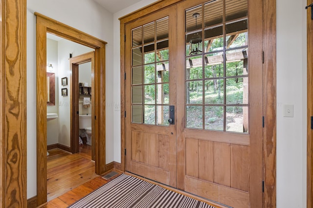 doorway featuring hardwood / wood-style floors, a healthy amount of sunlight, and french doors