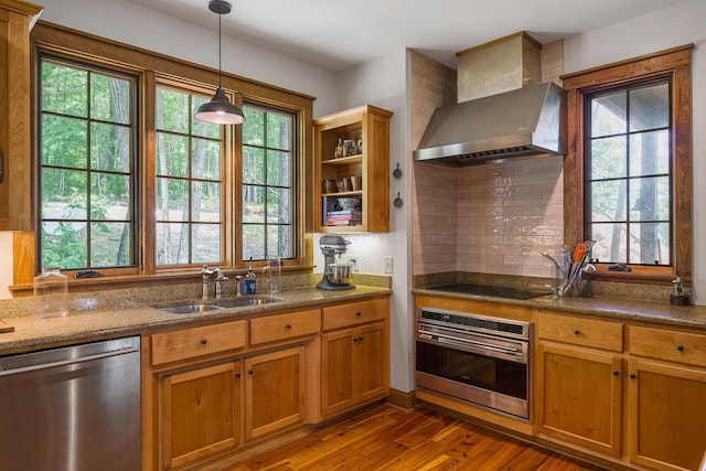 kitchen featuring wall chimney exhaust hood, stainless steel appliances, a healthy amount of sunlight, sink, and dark hardwood / wood-style floors