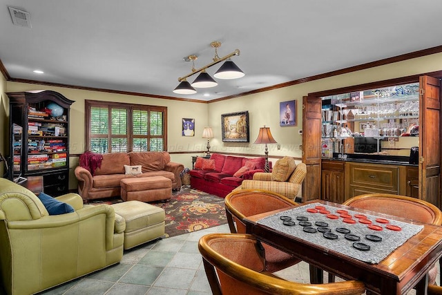 601 Glen Oaks Cir, Jasper, AL 35504 - living room with crown molding, bar, and recessed lighting