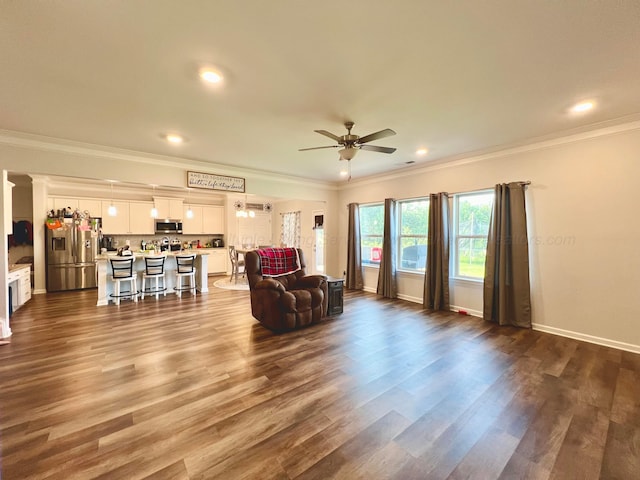 405 Meadow Way, Jasper, AL 35504 - living room featuring ceiling fan, crown molding, dark wood-type flooring, and recessed lighting