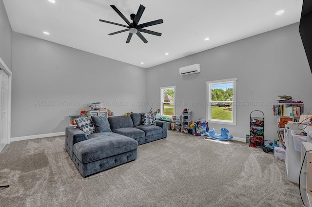 living room featuring carpet floors, a wall mounted AC, recessed lighting, and ceiling fan