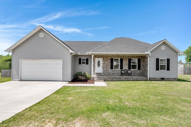 ranch-style home with driveway, a shingled roof, an attached garage, a porch, and a front yard