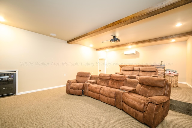 carpeted home theater room featuring recessed lighting, an AC wall unit, beamed ceiling, and baseboards