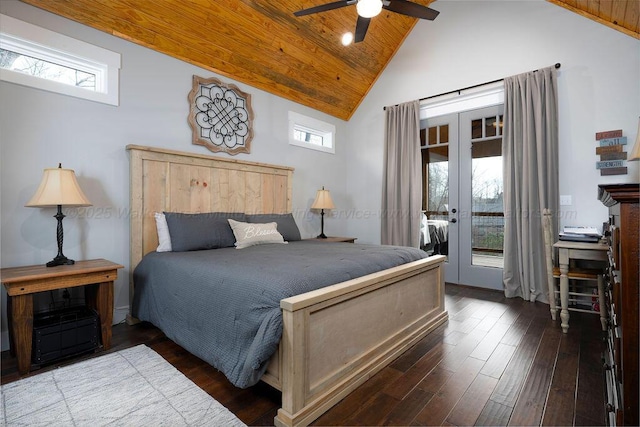 bedroom with multiple windows, hardwood / wood-style floors, access to exterior, and french doors