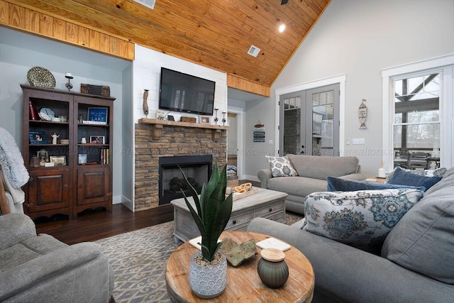 living room with french doors, a stone fireplace, wood ceiling, high vaulted ceiling, and dark hardwood / wood-style flooring