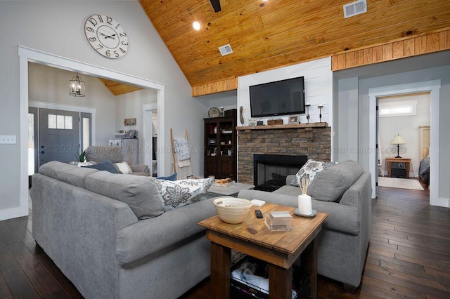 living room featuring high vaulted ceiling, a fireplace, wooden ceiling, and dark hardwood / wood-style floors