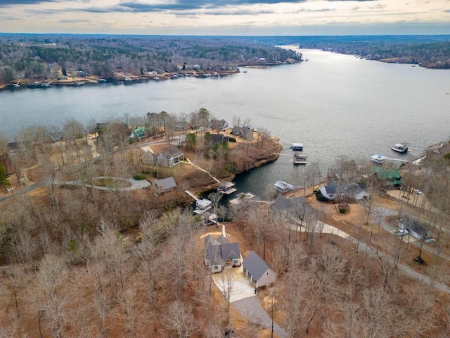 aerial view at dusk with a water view