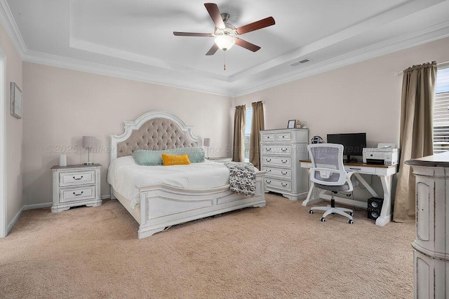 474 Meadow Way, Jasper, AL 35501 - bedroom featuring a raised ceiling, light colored carpet, crown molding, ceiling fan, and a desk