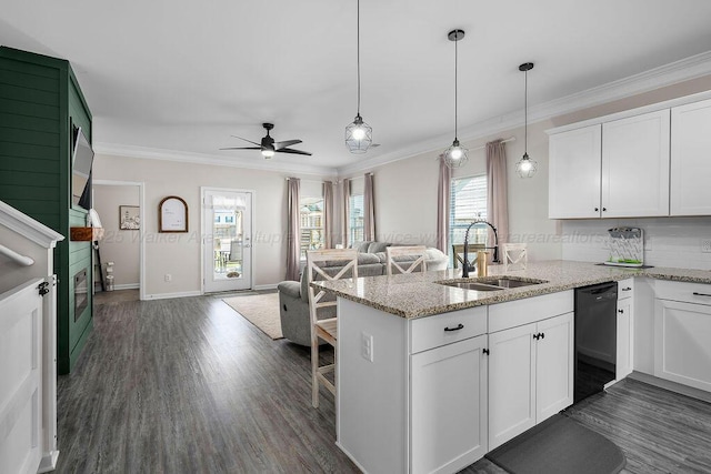 474 Meadow Way, Jasper, AL 35501 - kitchen with black dishwasher, open floor plan, white cabinetry, dark wood finished floors, and ceiling fan