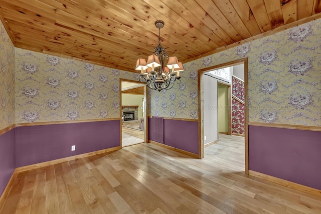 5305 Split Rail Dr, Jasper, AL 35503 - unfurnished dining area with wallpapered walls, a chandelier, hardwood / wood-style floors, a wainscoted wall, and wood ceiling