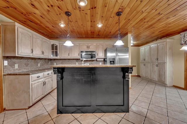5305 Split Rail Dr, Jasper, AL 35503 - kitchen featuring stainless steel appliances, wooden ceiling, light tile patterned floors, a center island, and glass insert cabinets