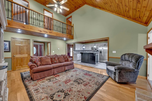 5305 Split Rail Dr, Jasper, AL 35503 - living area featuring wooden ceiling, high vaulted ceiling, a ceiling fan, light wood-type flooring, and stairs